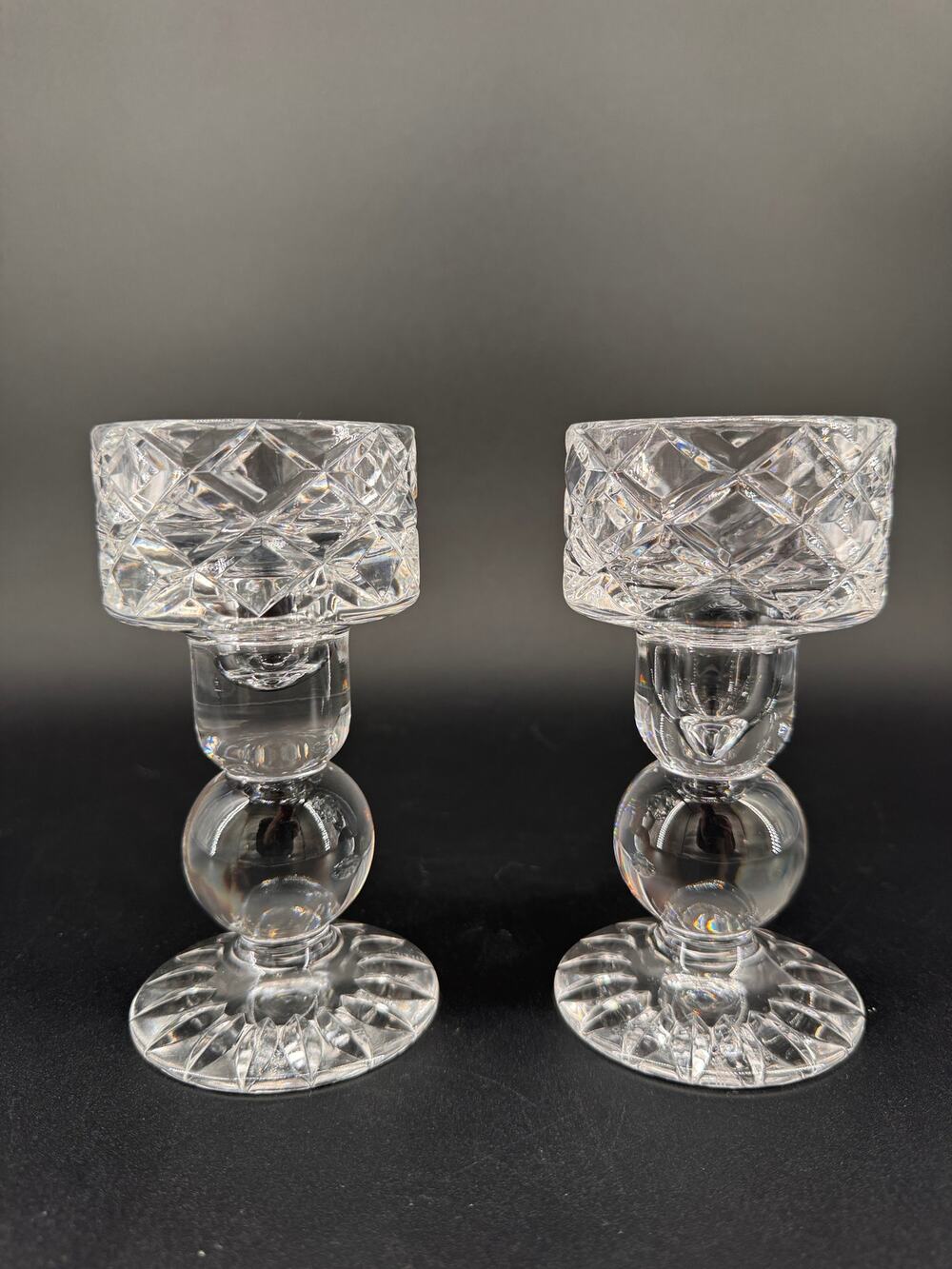 Vintage Block Crystal Candlestick Holders Set of 2 6" Cut Crystal Candle Holders
